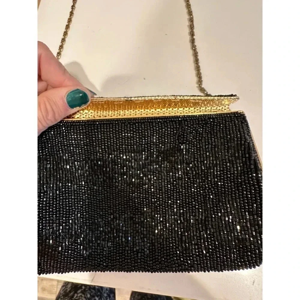 Vintage Women's Rectangle Shape Black Beaded Handbag Purse